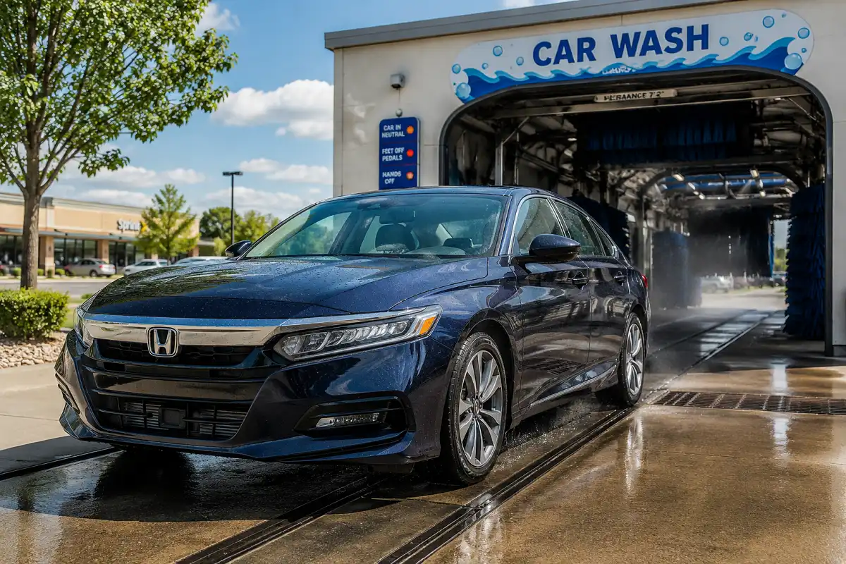 Clean vehicle exiting whistle car wash after a full wash cycle