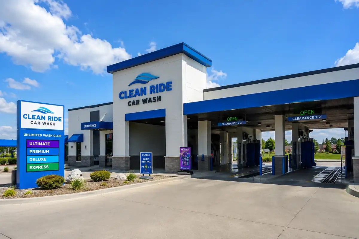 Exterior entrance of a whistle car wash facility