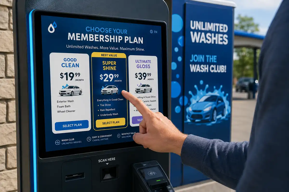 Customer reviewing whistle car wash membership options at kiosk