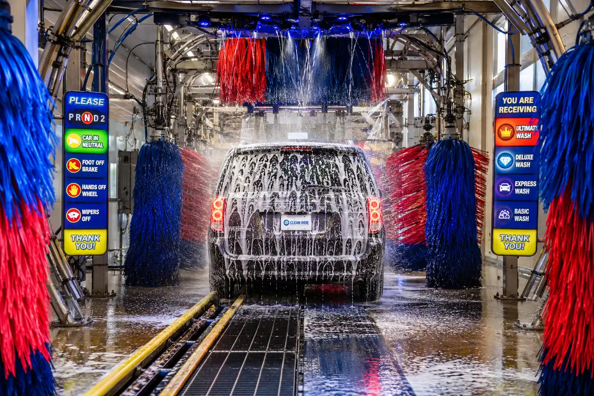 Inside tunnel view of whistle car wash conveyor system