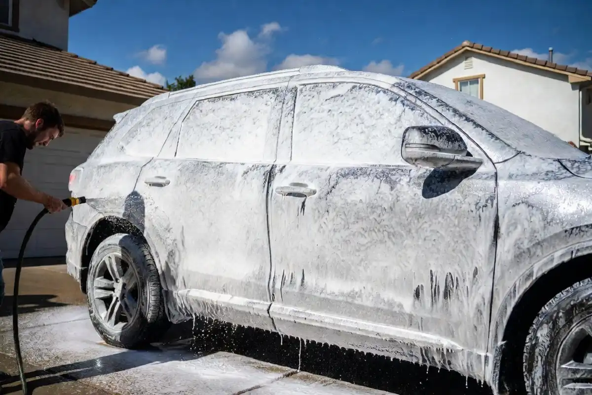 Person rinsing foam off a white SUV during a white water car wash in a driveway