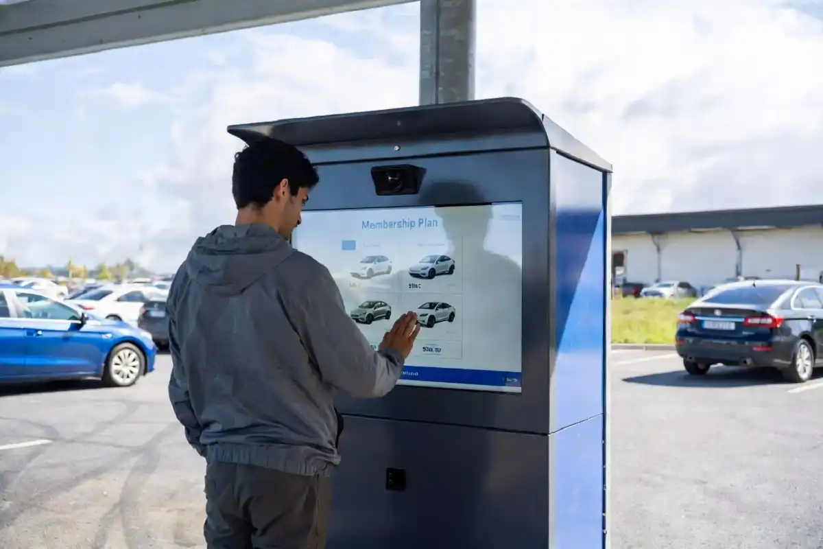 Customer selecting a membership plan at a whitewater car wash kiosk